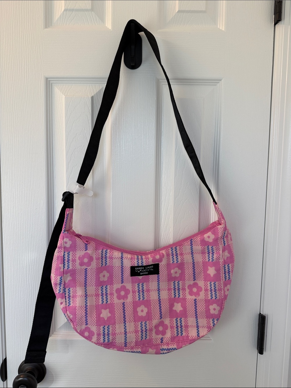 Sandy Liang Pink Floral Check Crescent Shoulder Bag with Black Strap